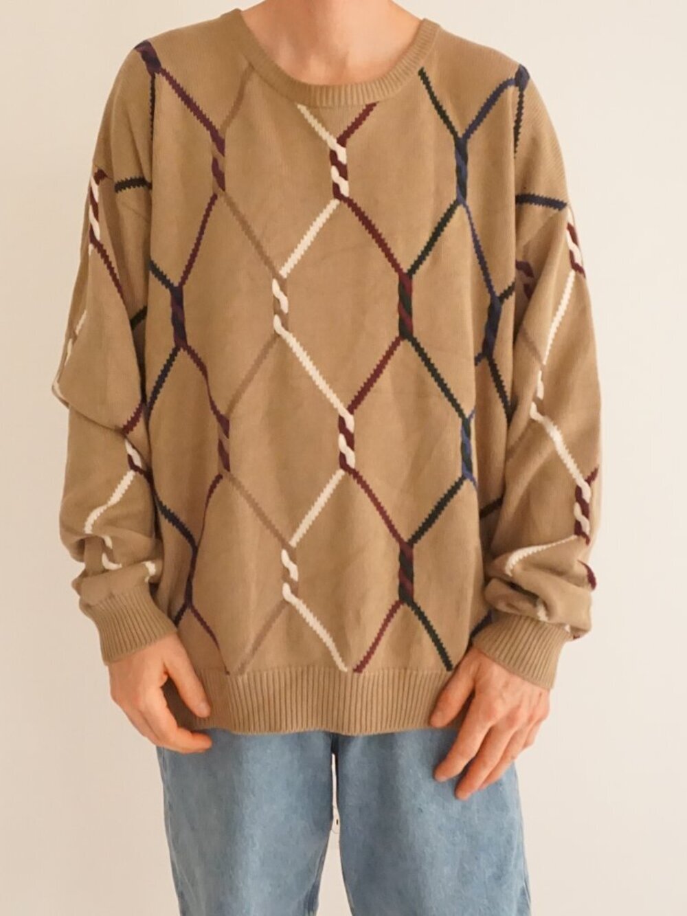 Vintage Croft & Barrow Tan Argyle Diamond Preppy Golf Cotton Knitted Sweater XLT